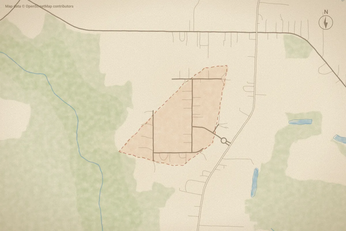 Watercolor map of SouthPointe in Wilson, NC, showing its streets, water and surroundings