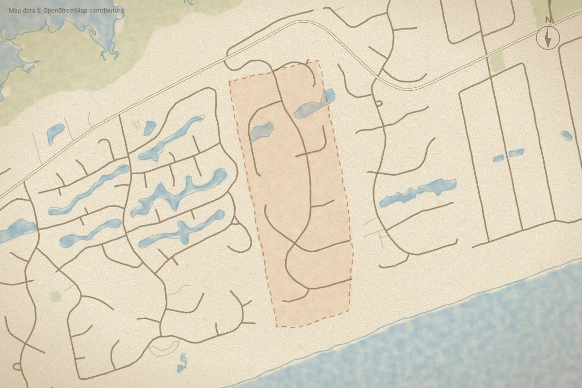 Watercolor map of Spinnakers Reach in Emerald Isle, NC, showing its streets, water and surroundings