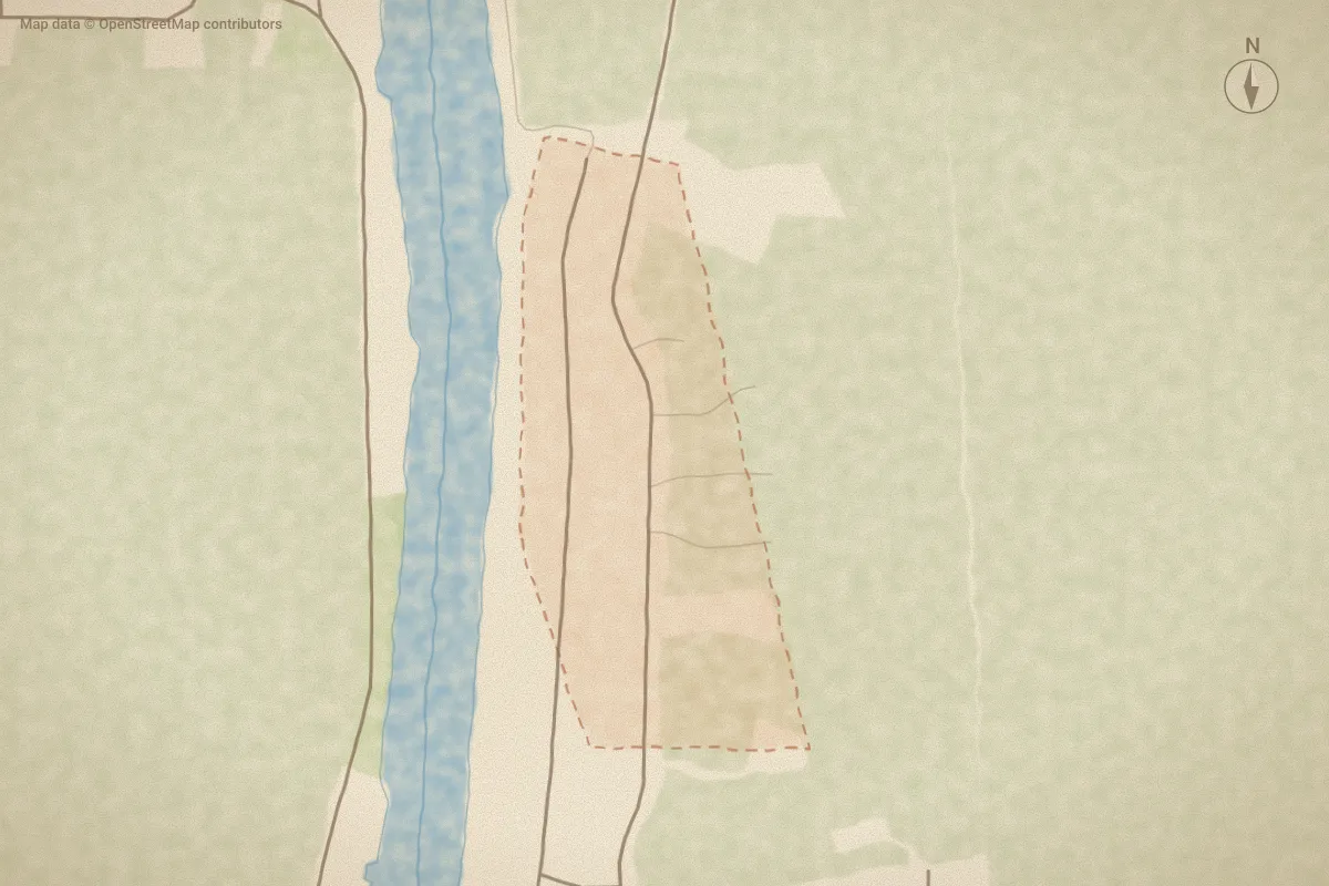 Watercolor map of Stanton Landing in Beaufort, NC, showing its streets, water and surroundings