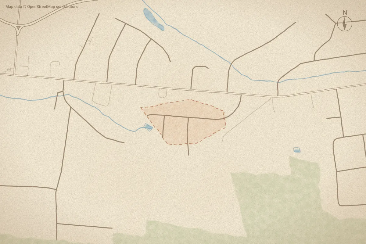 Watercolor map of Stantonsburg Estates in Greenville, NC, showing its streets, water and surroundings