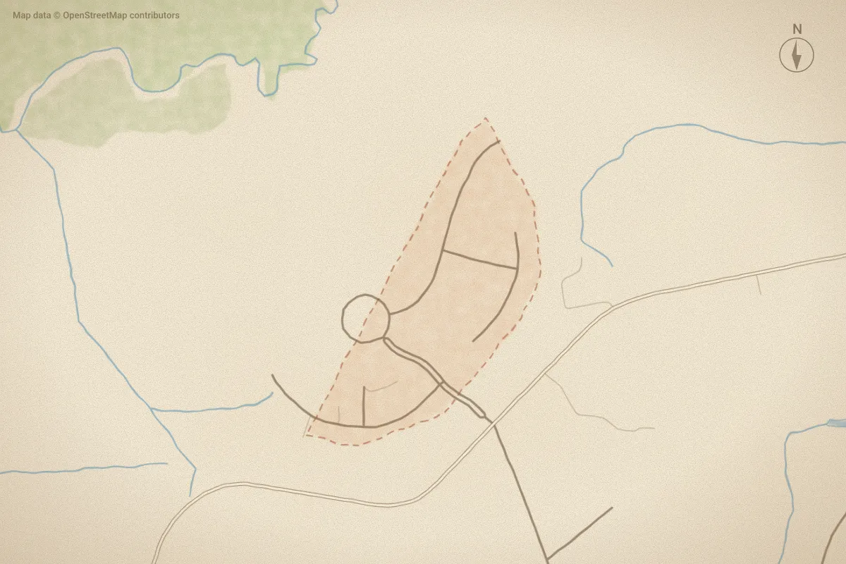 Watercolor map of Stella Farms in Stella, NC, showing its streets, water and surroundings