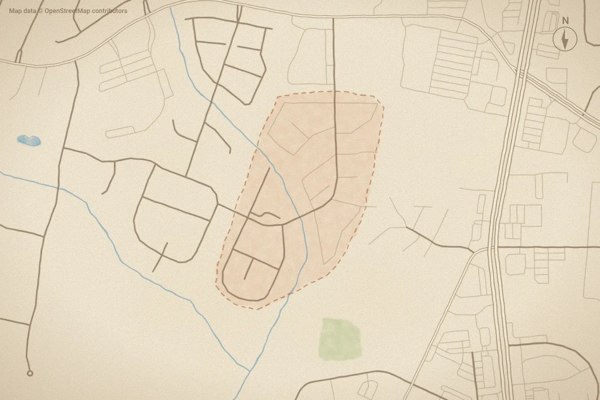 Watercolor map of Sterling Pointe in Winterville, NC, showing its streets, water and surroundings