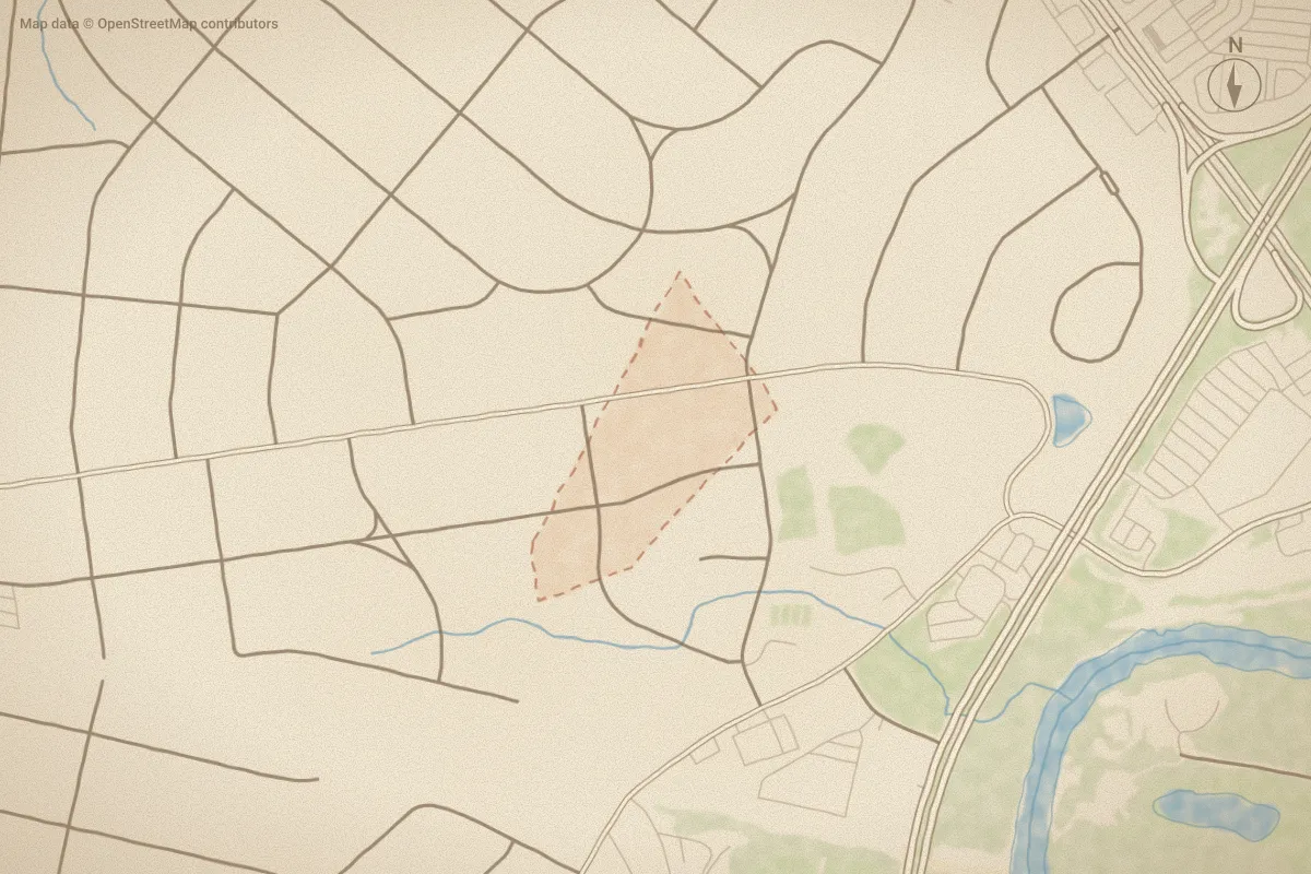 Watercolor map of Stone Acres in Rocky Mount, NC, showing its streets, water and surroundings