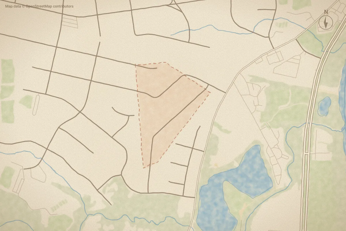 Watercolor map of Stone Haven in Rocky Mount, NC, showing its streets, water and surroundings