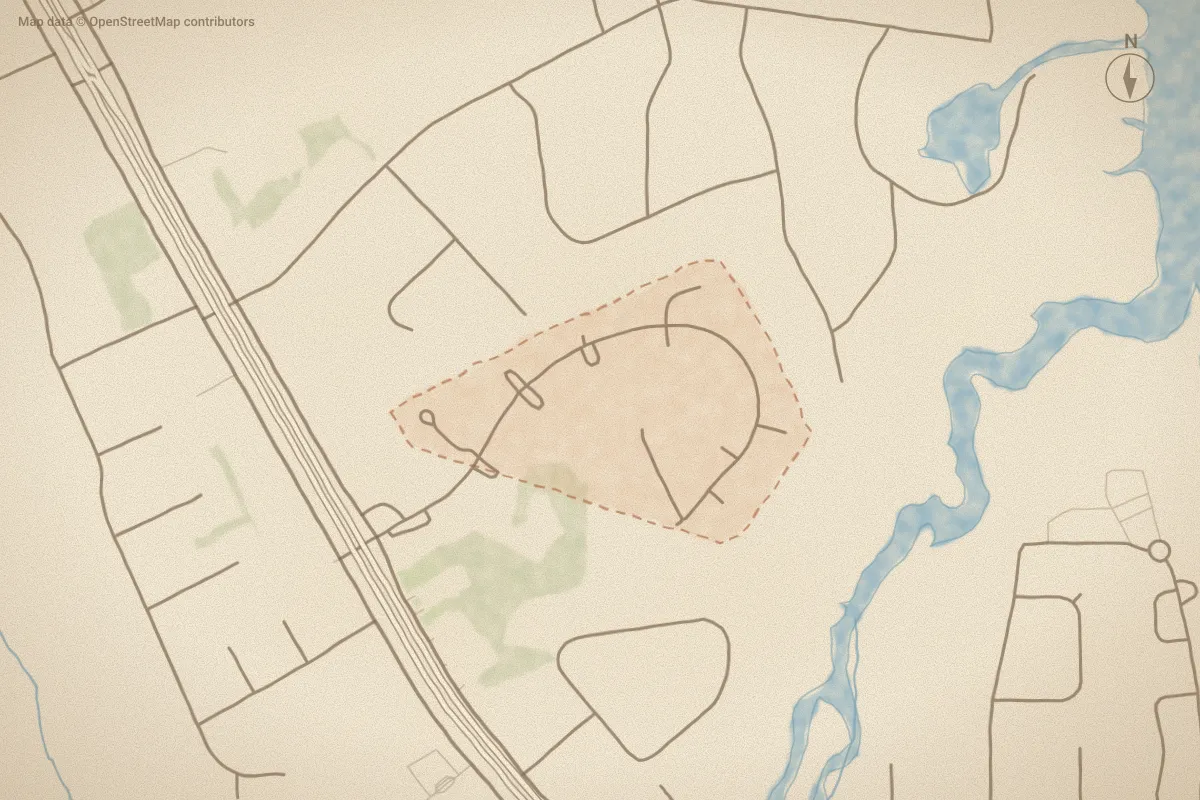 Watercolor map of Stonebridge in Havelock, NC, showing its streets, water and surroundings