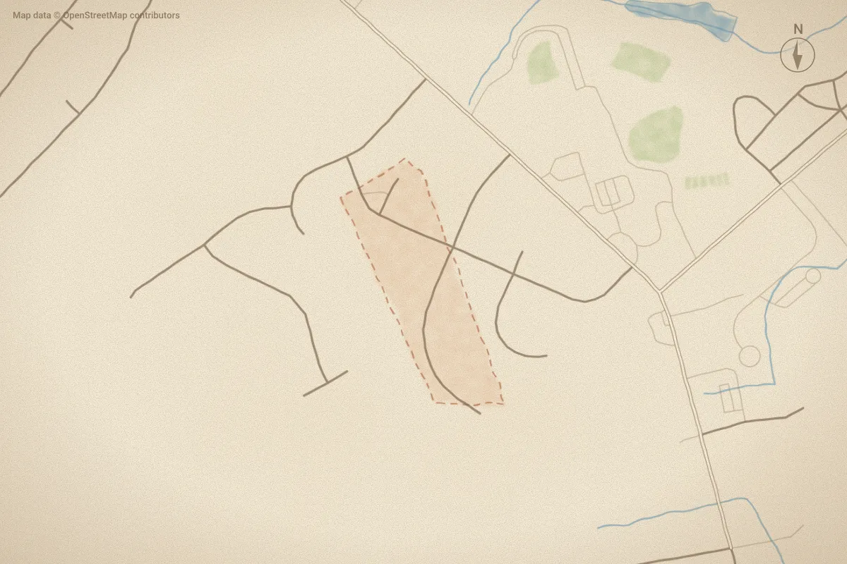 Watercolor map of Stonesthrow in Goldsboro, NC, showing its streets, water and surroundings
