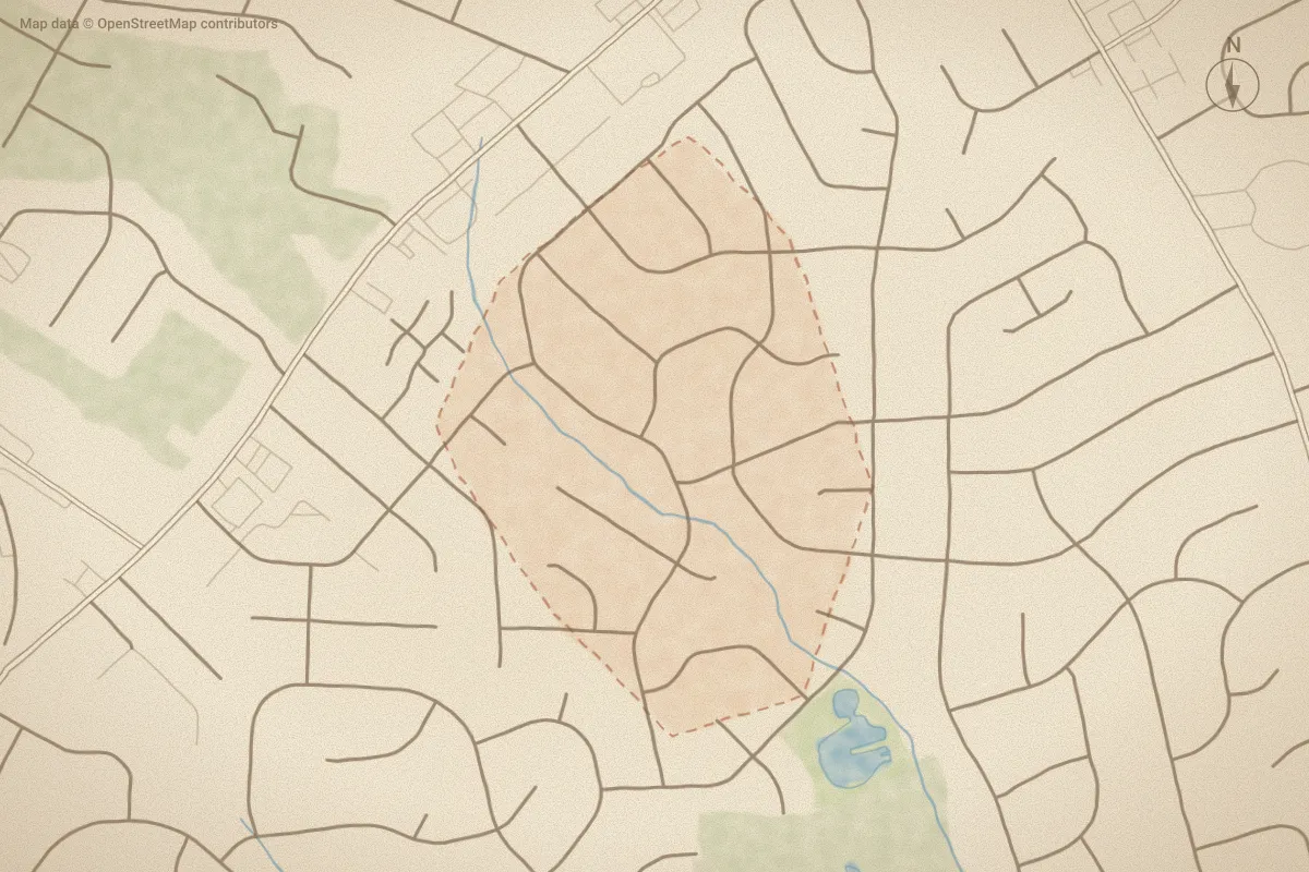 Watercolor map of Stoneybrook in Wilson, NC, showing its streets, water and surroundings