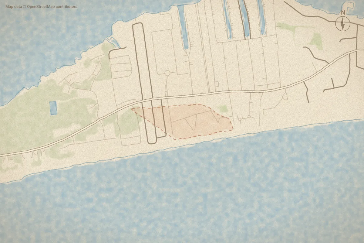 Watercolor map of Summer Winds Condominiums in Indian Beach, NC, showing its streets, water and surroundings