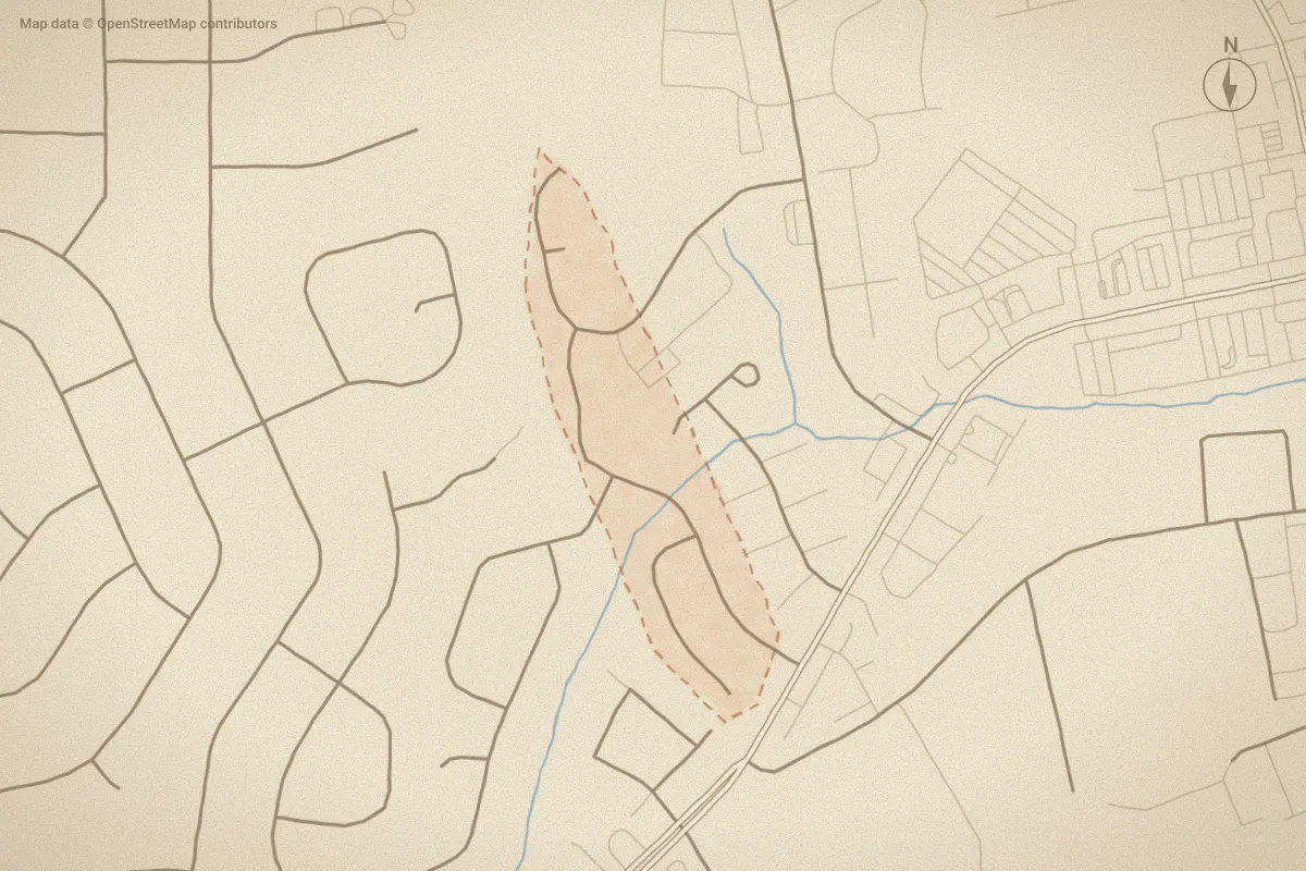 Watercolor map of Summerhaven in Greenville, NC, showing its streets, water and surroundings