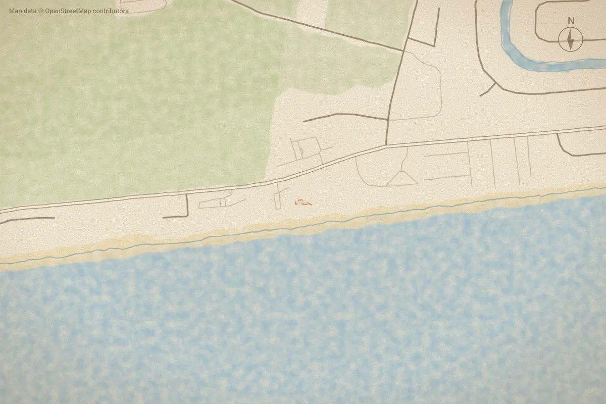Watercolor map of Sun Bay in Pine Knoll Shores, NC, showing its streets, water and surroundings