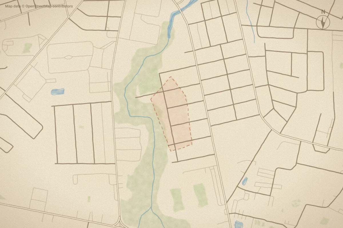 Watercolor map of Sunset Park in Elizabeth City, NC, showing its streets, water and surroundings