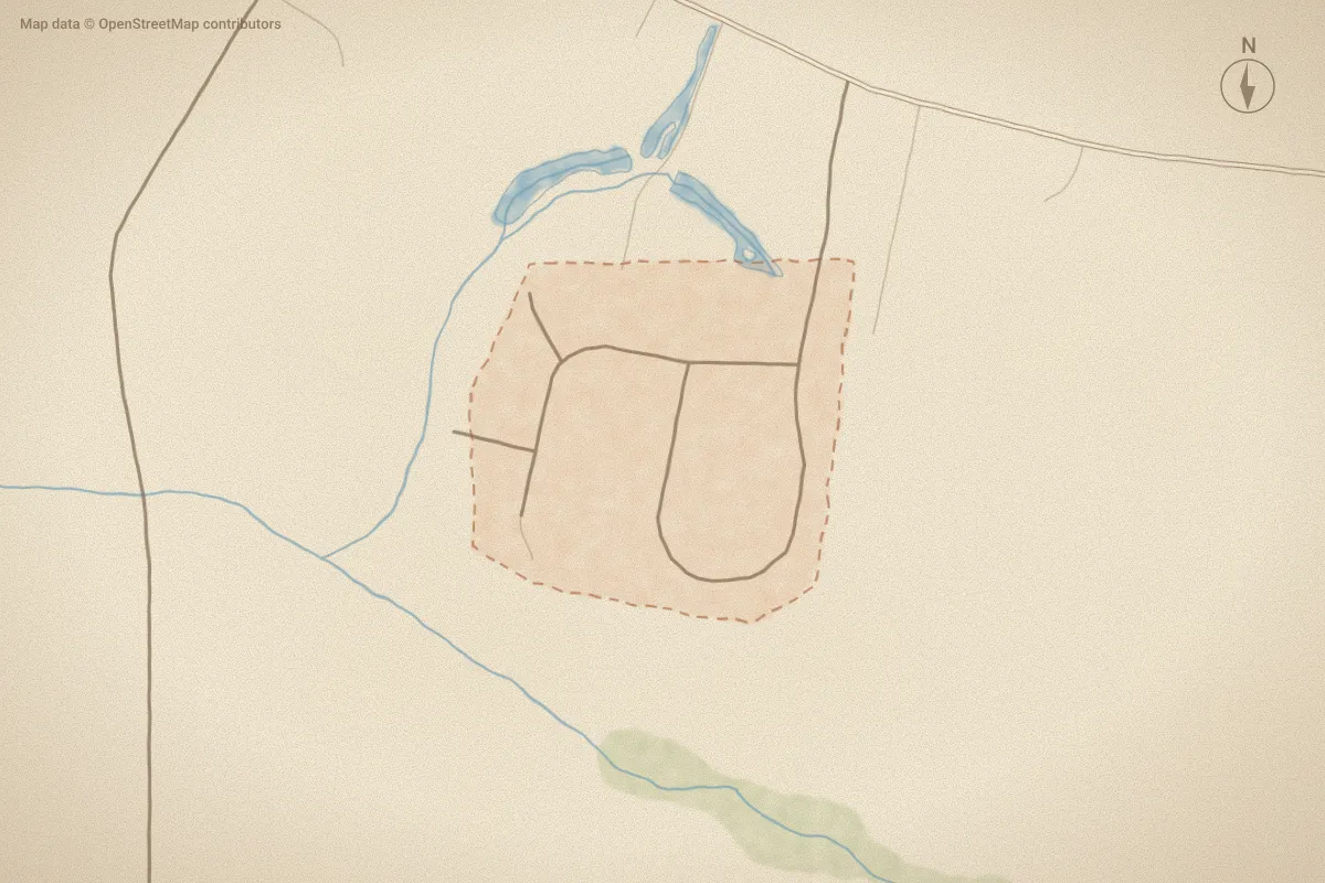 Watercolor map of Sutton Farms in Greenville, NC, showing its streets, water and surroundings