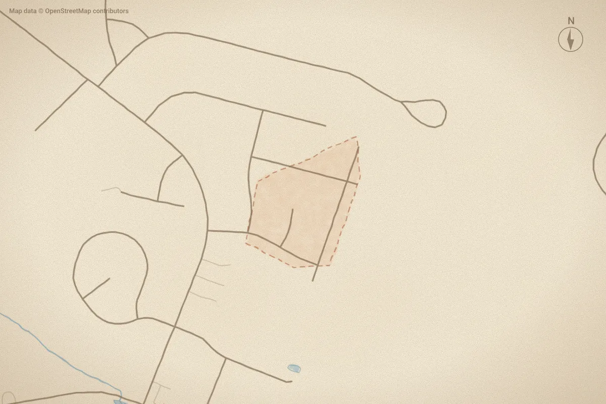 Watercolor map of Suttons Run in Goldsboro, NC, showing its streets, water and surroundings
