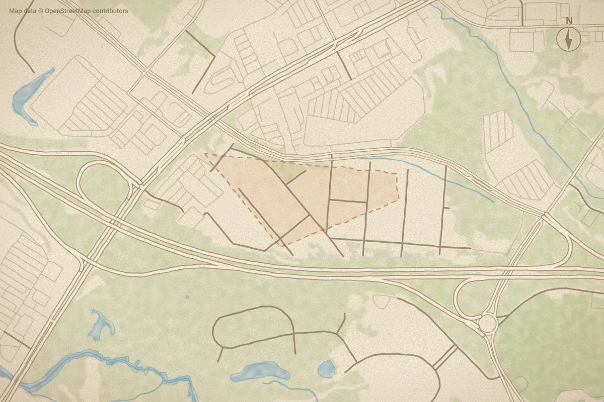 Watercolor map of Sweldon Heights in Rocky Mount, NC, showing its streets, water and surroundings