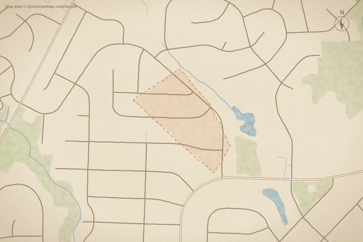 Watercolor map of Tanglewood in Wilson, NC, showing its streets, water and surroundings