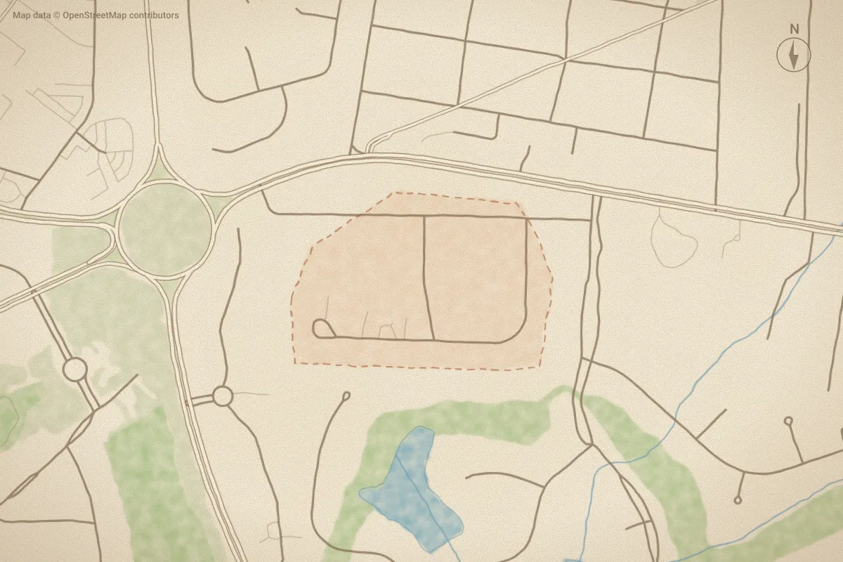Watercolor map of Taylorhurst in Pinehurst, NC, showing its streets, water and surroundings