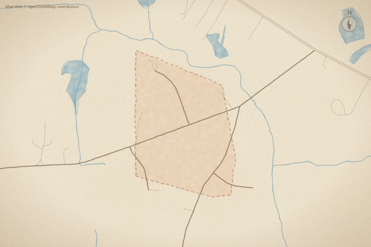 Watercolor map of Tharrington Way in Rocky Mount, NC, showing its streets, water and surroundings