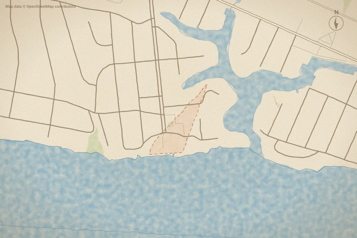 Watercolor map of The Bluffs in Morehead City, NC, showing its streets, water and surroundings