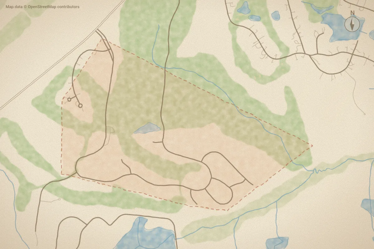 Watercolor map of The Carolina in Carthage, NC, showing its streets, water and surroundings