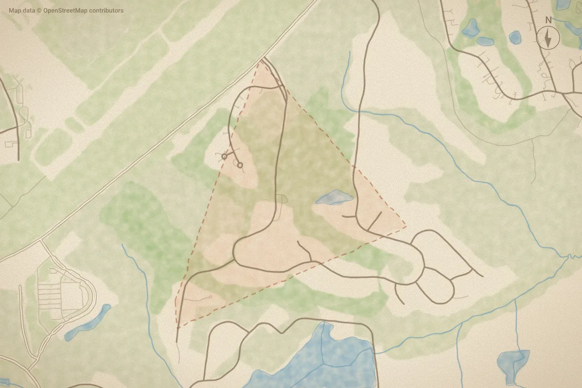 Watercolor map of The Carolina in Southern Pines, NC, showing its streets, water and surroundings
