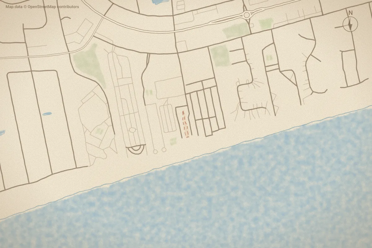 Watercolor map of The Islander Suites in Emerald Isle, NC, showing its streets, water and surroundings