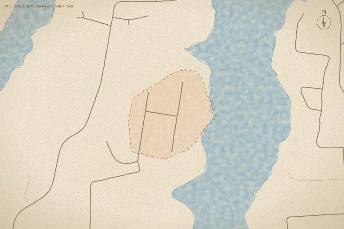 Watercolor map of The Moorings in Havelock, NC, showing its streets, water and surroundings