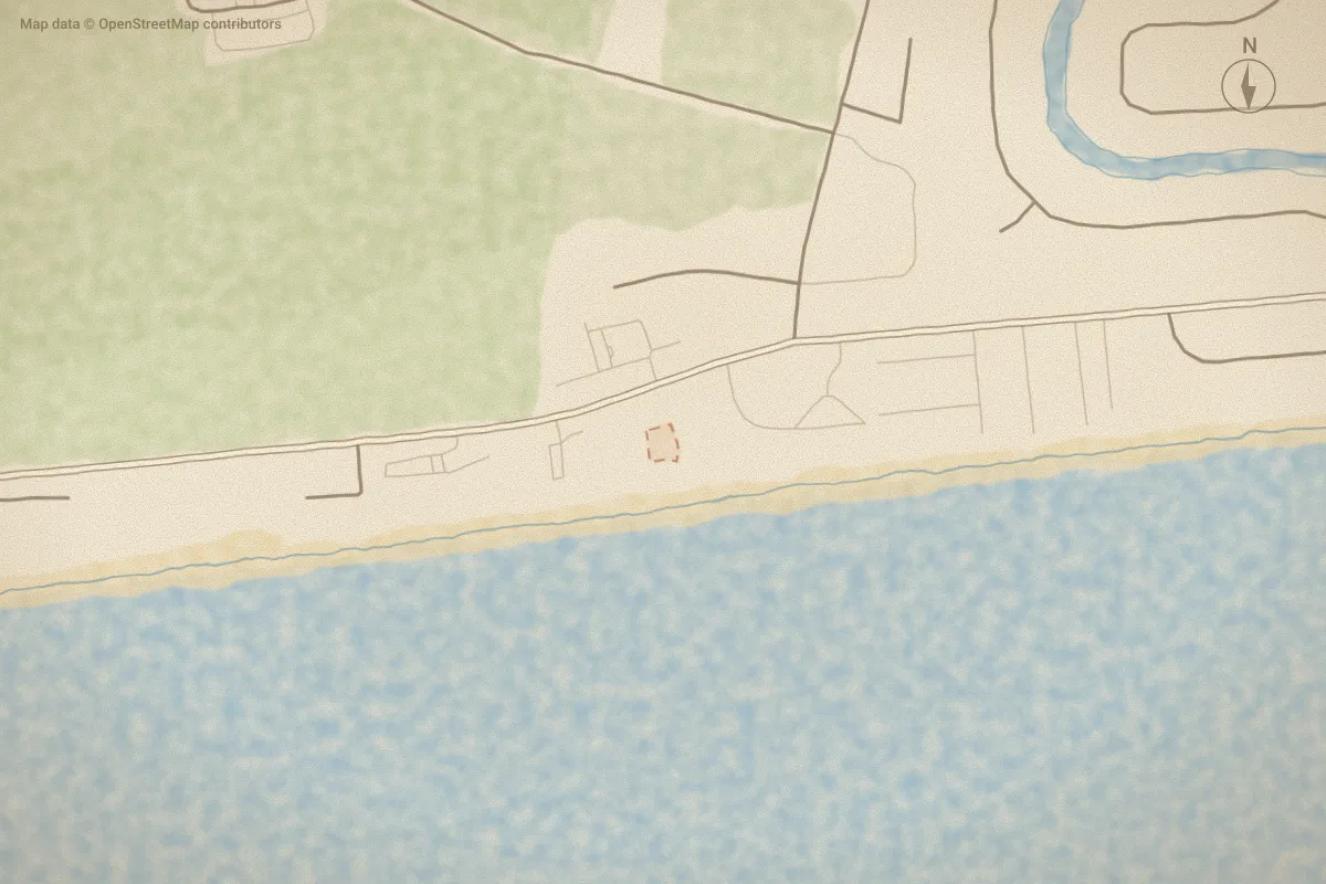 Watercolor map of The Oceans in Pine Knoll Shores, NC, showing its streets, water and surroundings