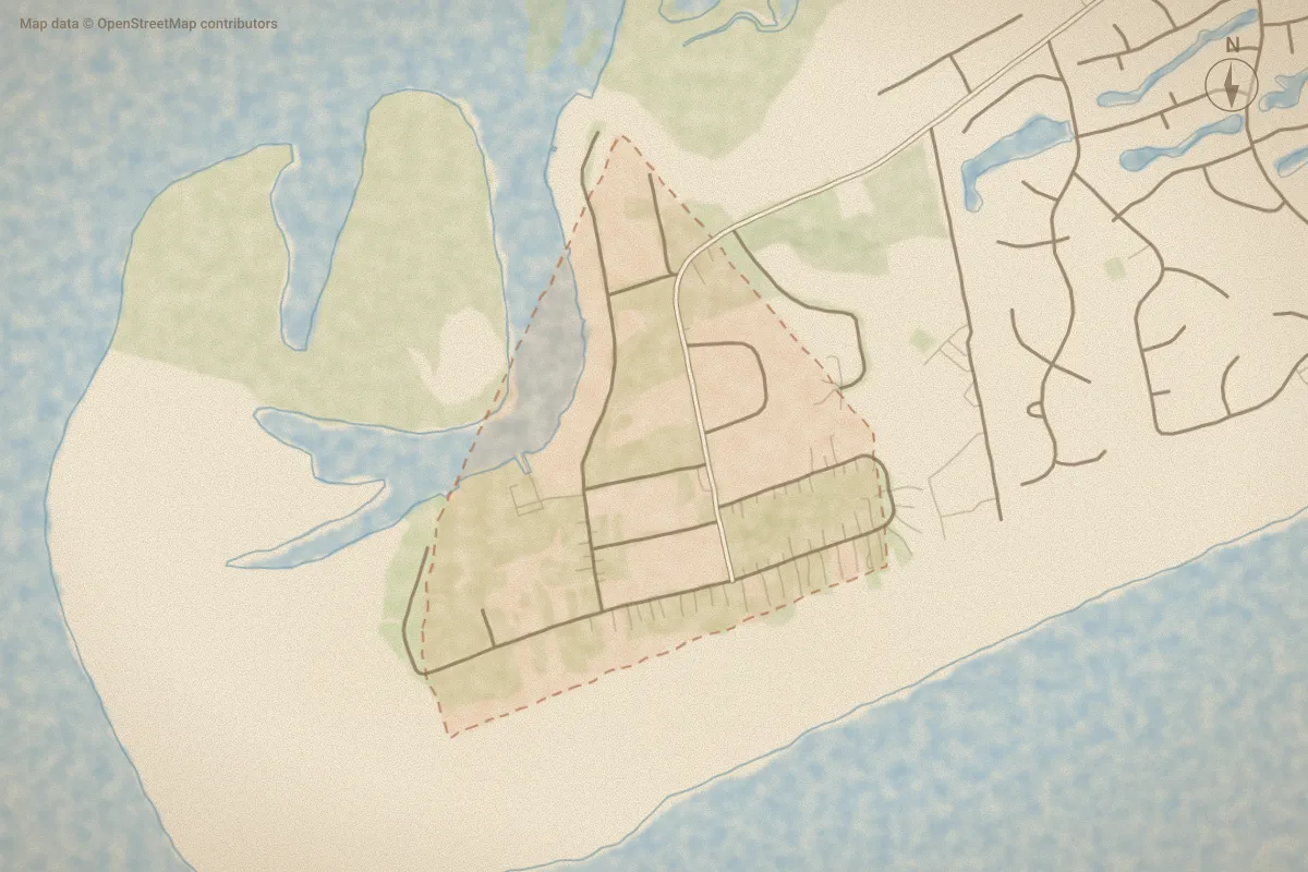 Watercolor map of The Point in Emerald Isle, NC, showing its streets, water and surroundings