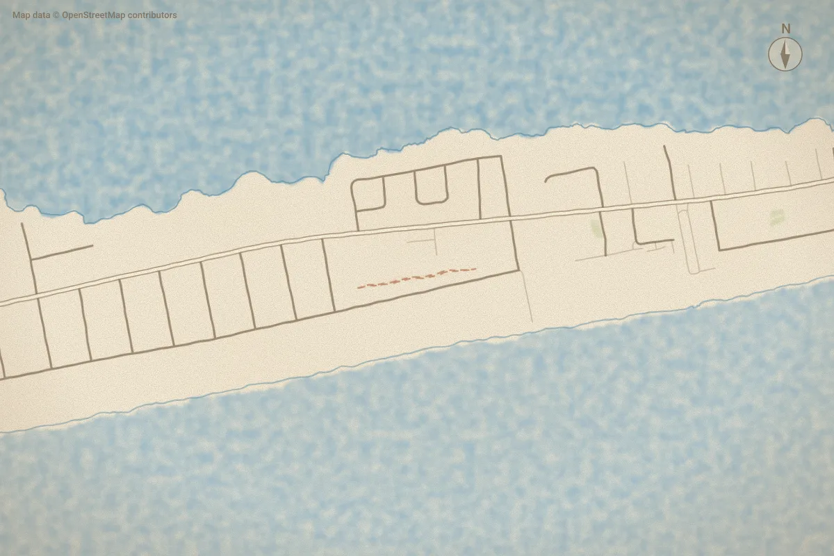 Watercolor map of The Sands in Emerald Isle, NC, showing its streets, water and surroundings