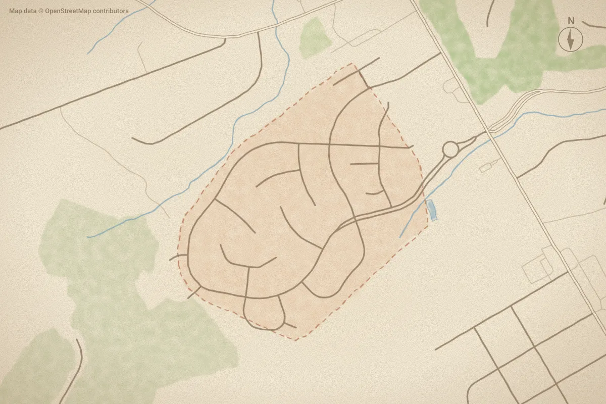 Watercolor map of The Village - Country Club West in Wilson, NC, showing its streets, water and surroundings