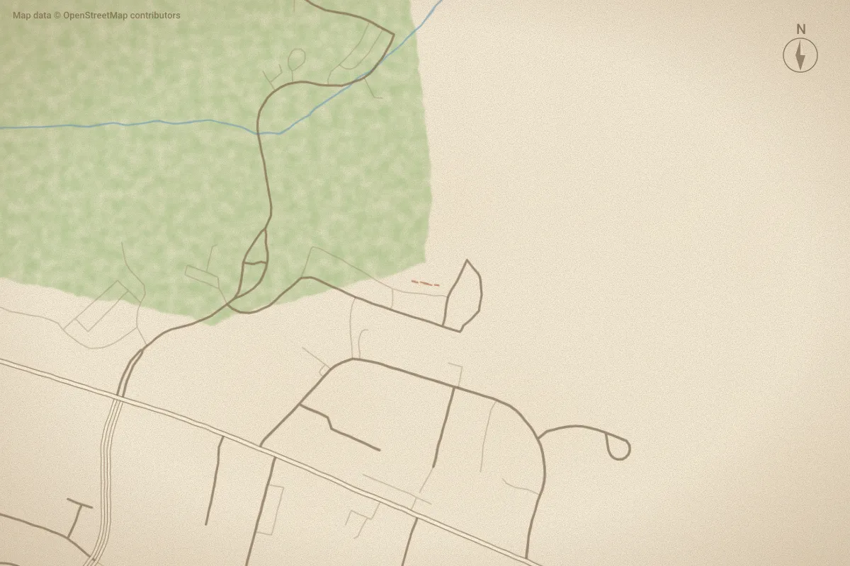 Watercolor map of The Villas at The Pit in Aberdeen, NC, showing its streets, water and surroundings