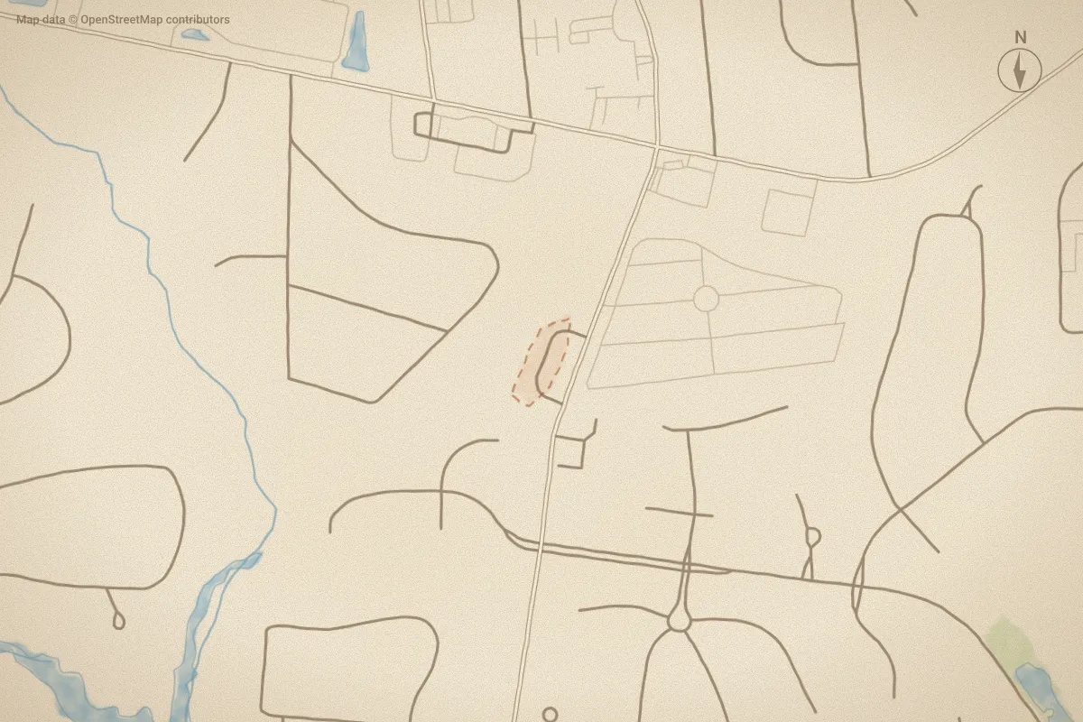 Watercolor map of The Vineyard in New Bern, NC, showing its streets, water and surroundings