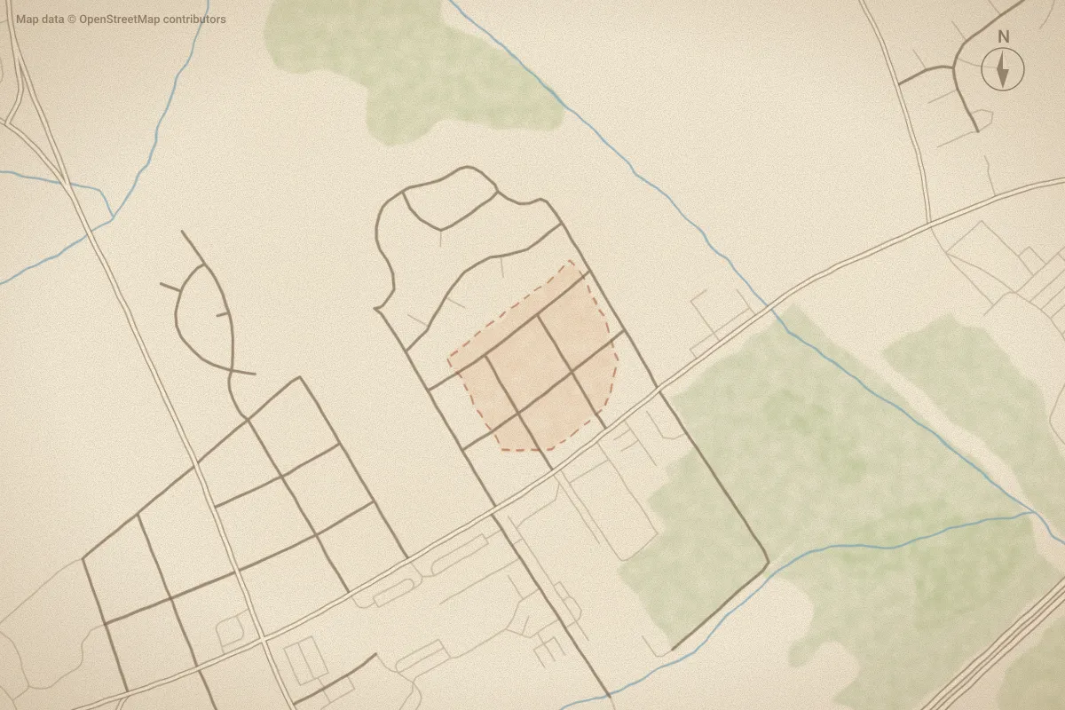Watercolor map of Toisnot Heights in Wilson, NC, showing its streets, water and surroundings