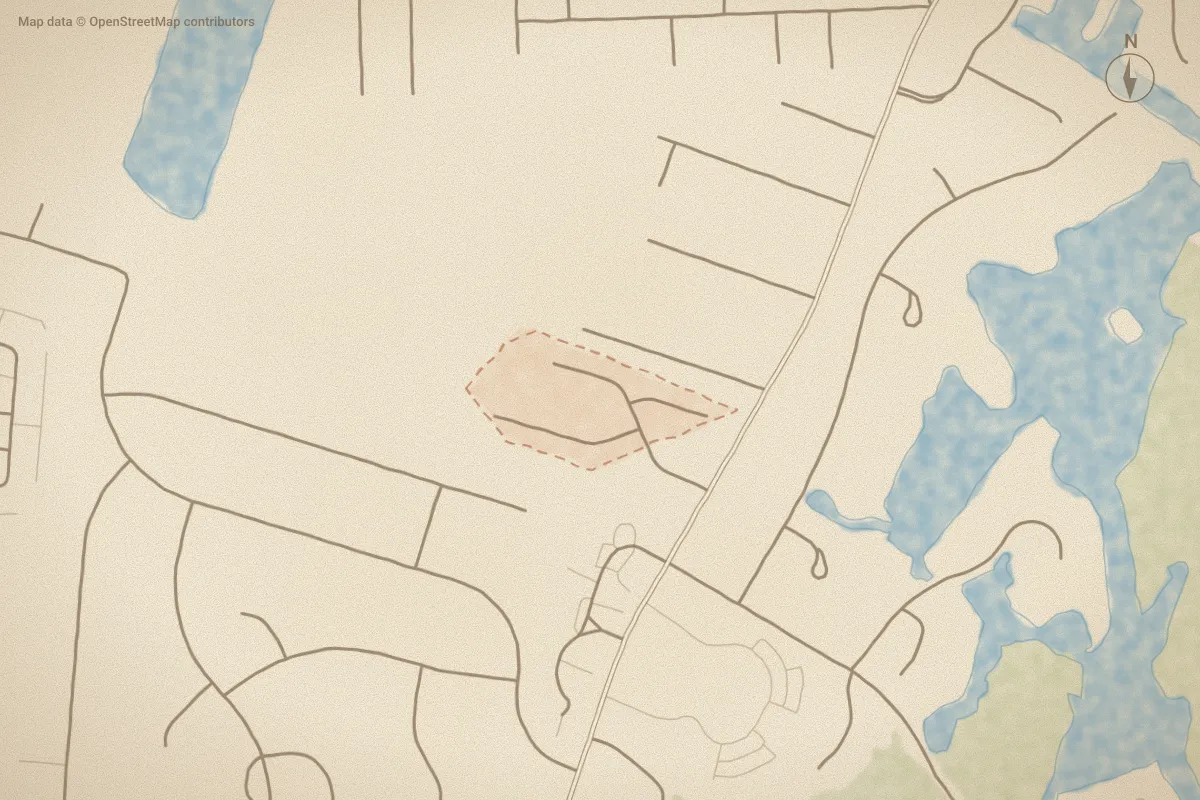 Watercolor map of Towne Woods in New Bern, NC, showing its streets, water and surroundings