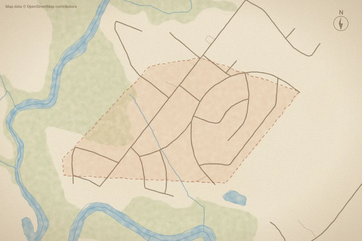 Watercolor map of Tranters Creek in Washington, NC, showing its streets, water and surroundings