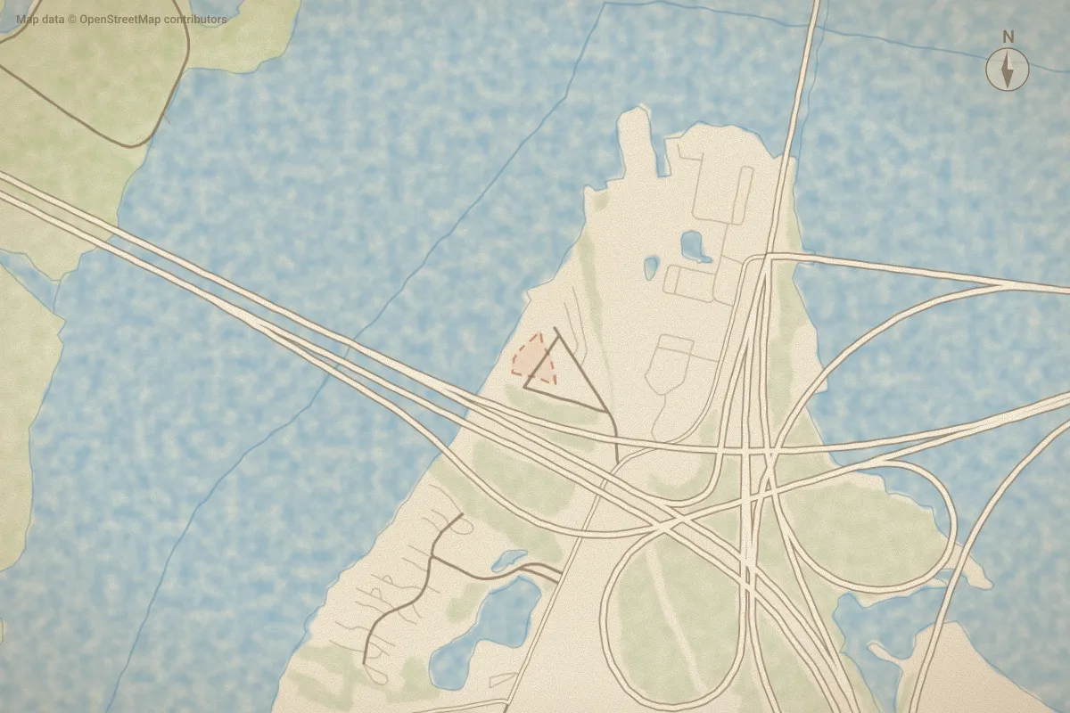 Watercolor map of Trent River Villas in New Bern, NC, showing its streets, water and surroundings