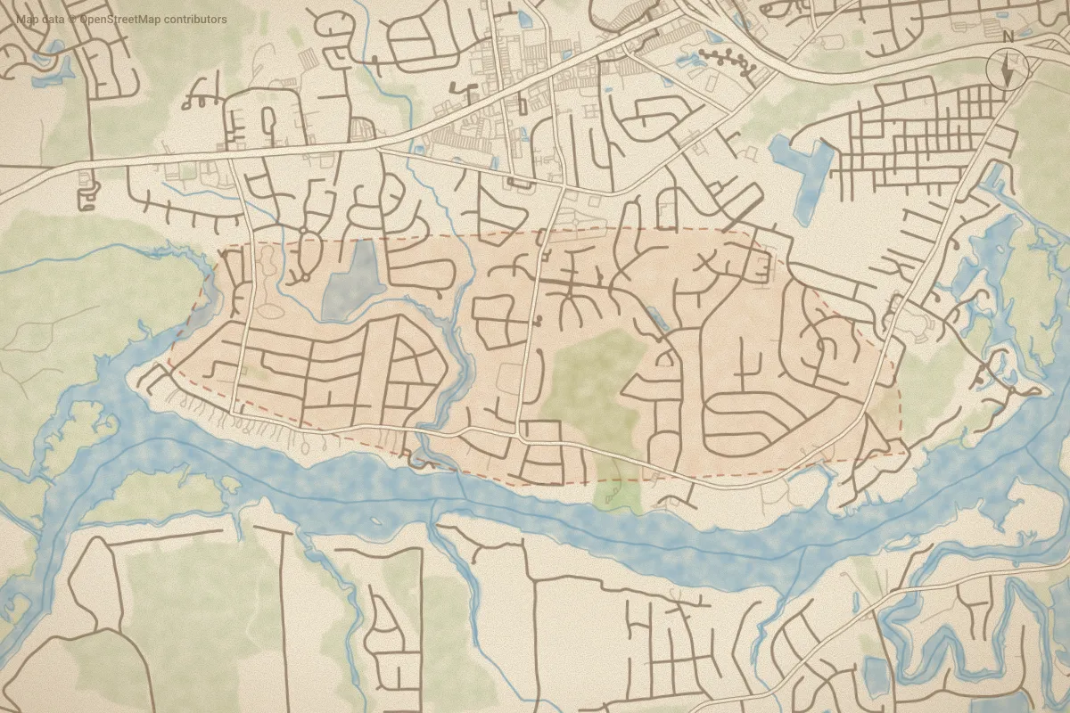Watercolor map of Trent Woods in New Bern, NC, showing its streets, water and surroundings