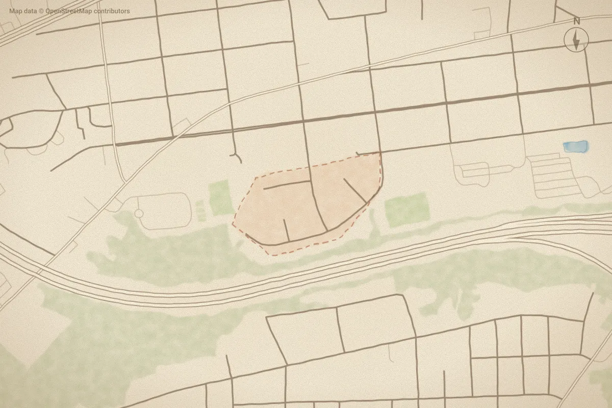 Watercolor map of Trolley Run in New Bern, NC, showing its streets, water and surroundings