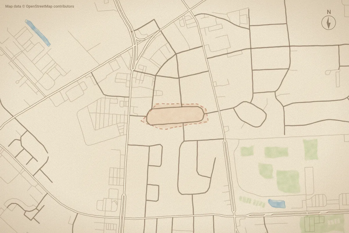 Watercolor map of Tucker Circle in Greenville, NC, showing its streets, water and surroundings