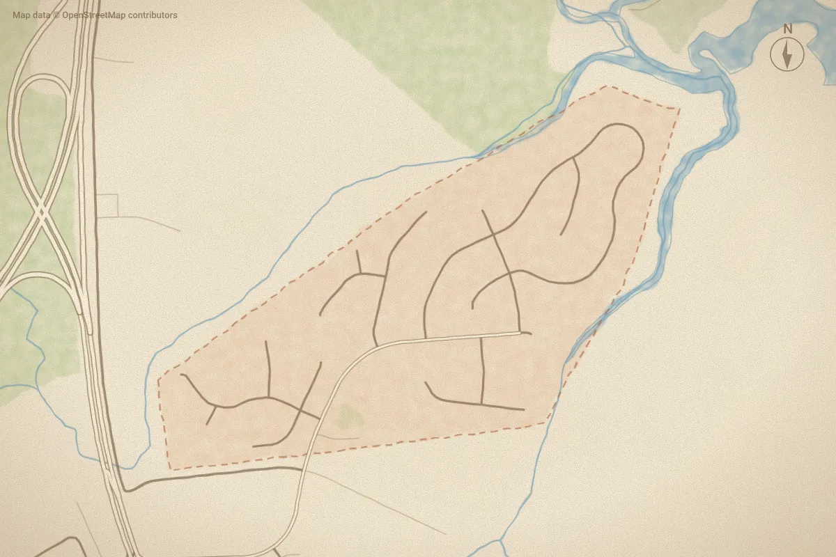Watercolor map of Tucker Creek in Havelock, NC, showing its streets, water and surroundings
