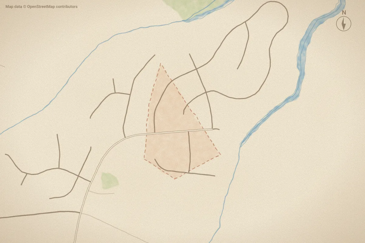 Watercolor map of Tucker Creek Wood in Havelock, NC, showing its streets, water and surroundings