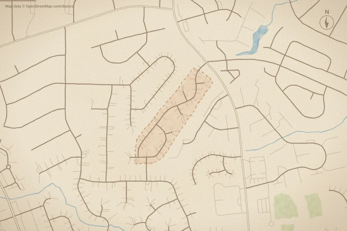 Watercolor map of Tucker East in Greenville, NC, showing its streets, water and surroundings