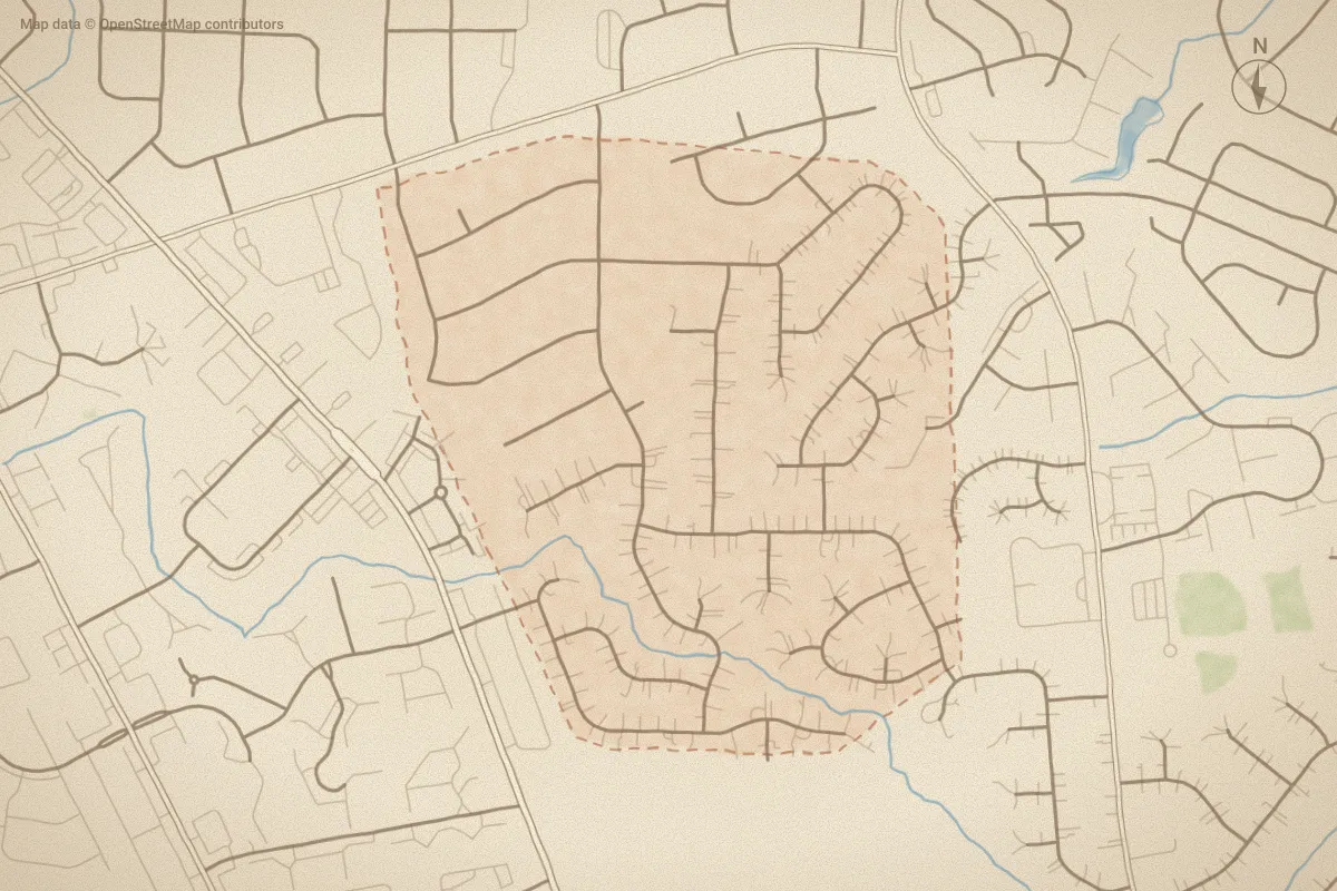 Watercolor map of Tucker Estates in Greenville, NC, showing its streets, water and surroundings