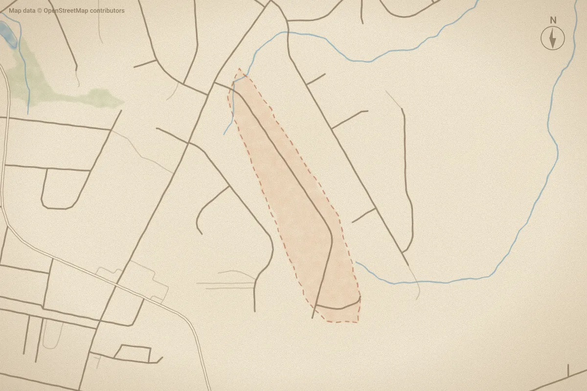 Watercolor map of Tucker Hill Farm in Grimesland, NC, showing its streets, water and surroundings