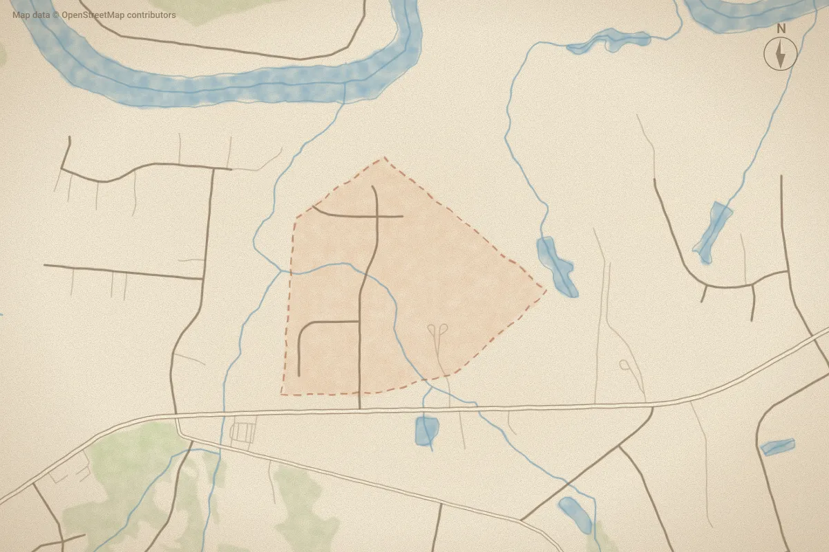 Watercolor map of Turner Run in Greenville, NC, showing its streets, water and surroundings