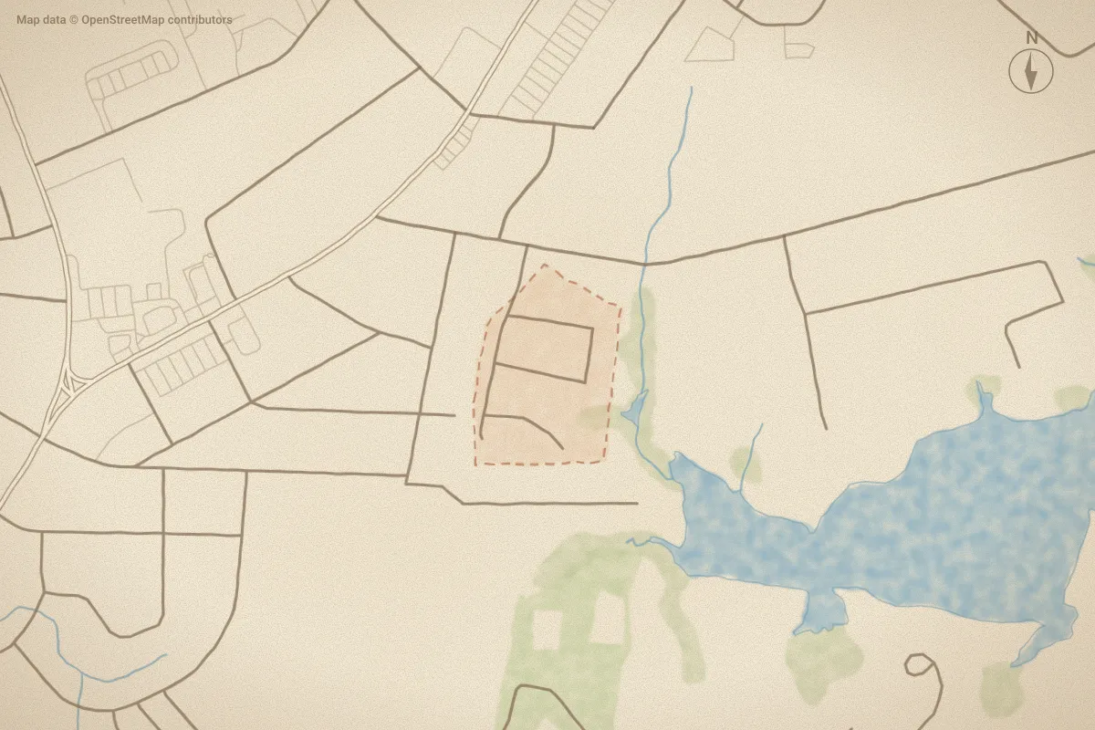 Watercolor map of Turners Creek Pl in Beaufort, NC, showing its streets, water and surroundings
