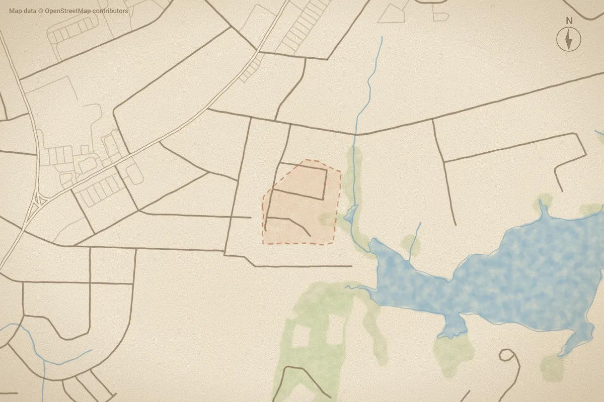 Watercolor map of Turners Creek Plantation in Beaufort, NC, showing its streets, water and surroundings
