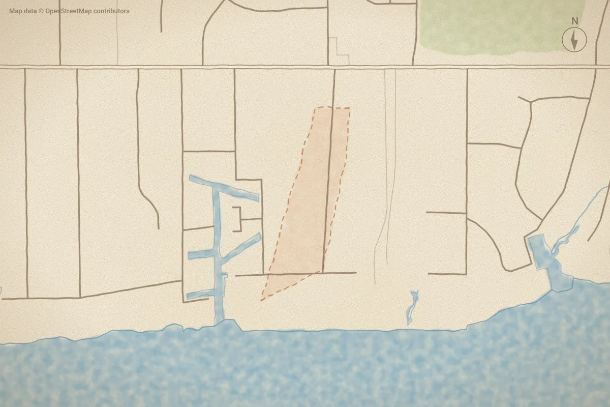 Watercolor map of Twin Oaks in Newport, NC, showing its streets, water and surroundings