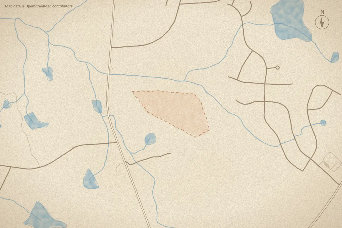 Watercolor map of Tyson's Trail Estates in Carthage, NC, showing its streets, water and surroundings