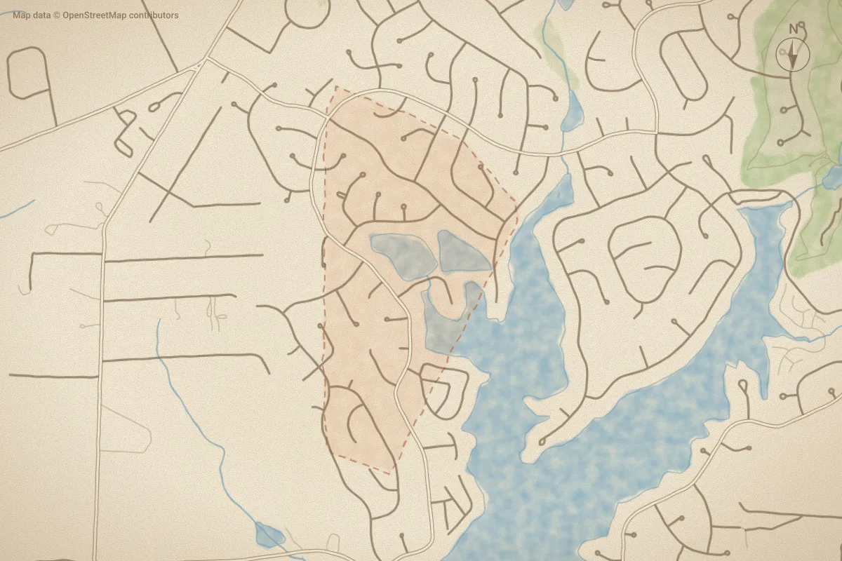Watercolor map of Unit 12 in Pinehurst, NC, showing its streets, water and surroundings